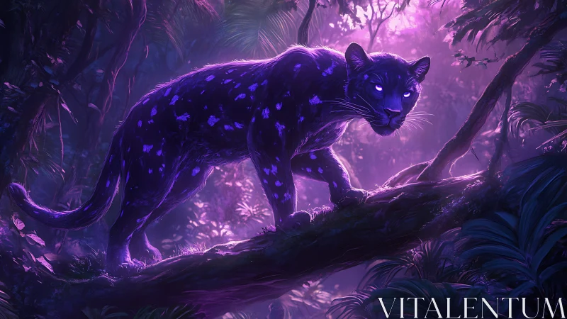 Bioluminescent Panther in Purple Jungle Setting.