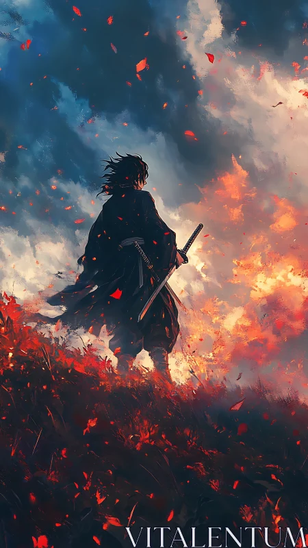 Lone samurai silhouette against burning sky at dusk.