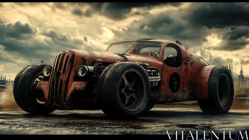 Roaring custom hot rod charges ahead under stormy skies