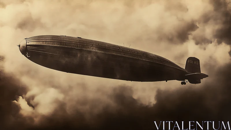 Golden sky voyage with a lone vintage airship in clouds.