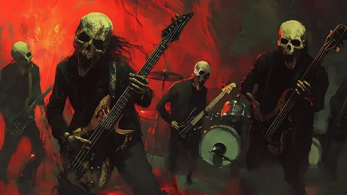 Skull-headed rock band performs on stage against red backdrop