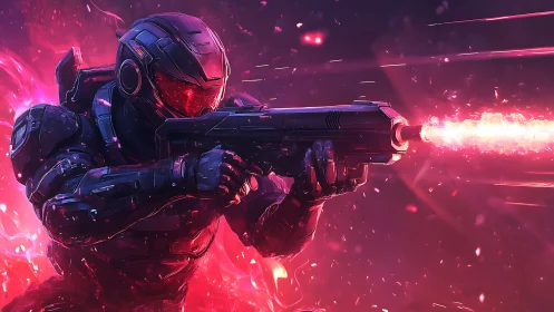 Armored space soldier fires blazing rifle in neon chaos