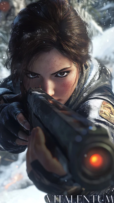 Photorealistic close‑up of armed heroine in dynamic perspective.