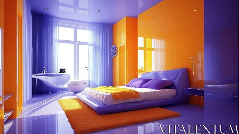 Vibrant orange violet bedroom with glossy modern surfaces.