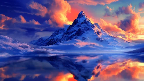 Radiant mountain peak glows over calm reflective waters