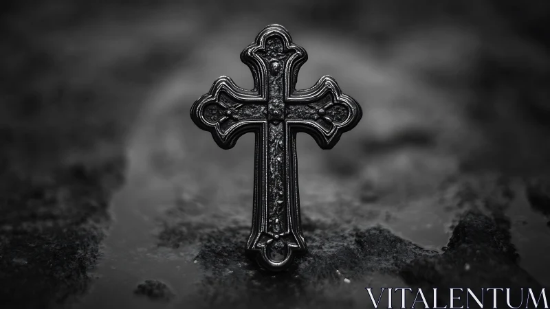 Lone gothic cross glimmering over rain-darkened stone night.