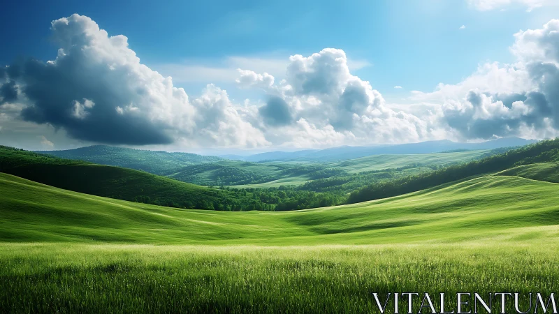 Sunlit green hills under towering cumulus clouds at horizon.