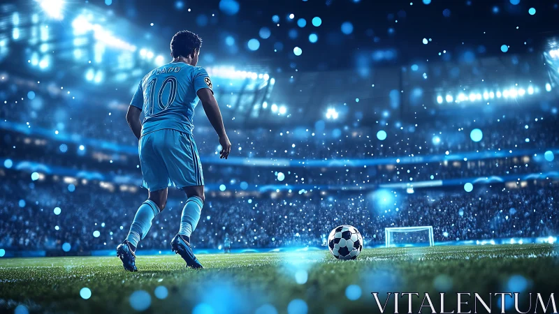 Soccer forward prepares free kick under cinematic stadium lights.