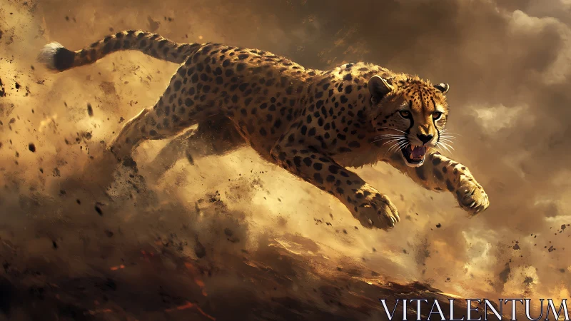 Spotted feline runs through airborne dust and scattered debris