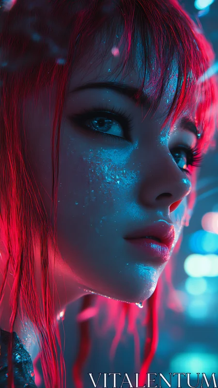 Neon backlit portrait renders wet skin microdetails in bokeh city