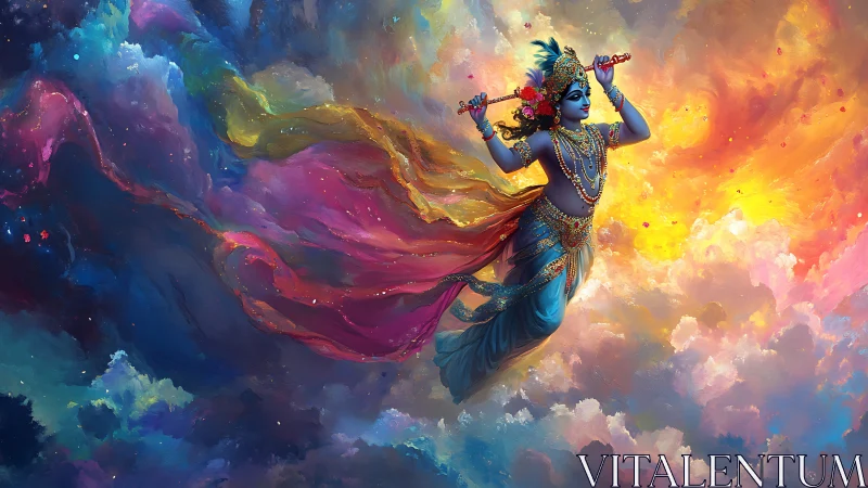 Celestial blue deity floating through prismatic nebula skies.