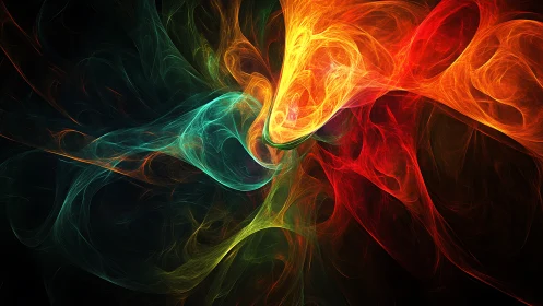 Fractal energy vortex blends teal, gold, and crimson light.