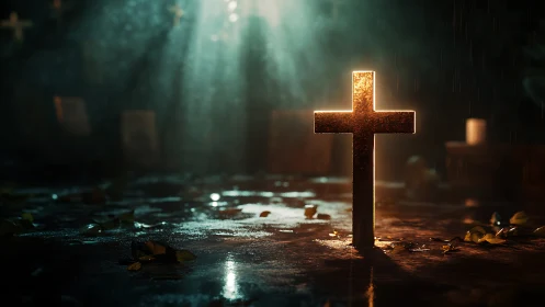 Backlit metal grave cross in rainy cinematic night scene