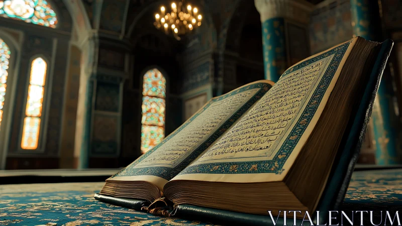 Open Quran resting on stand inside ornamented mosque interior.
