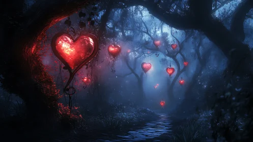 Luminescent Heart Forms in Misty Forest Atmosphere with Volumetric Lighting