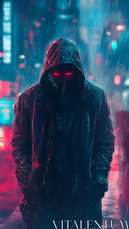 Hooded cybernetic figure in neon rain on blurred city street