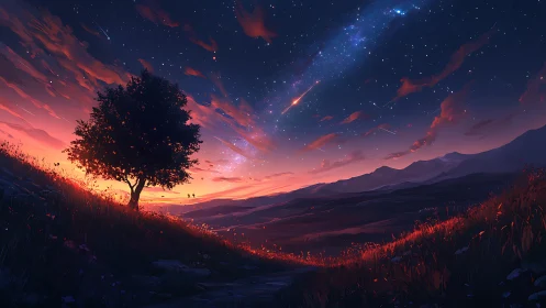 Peaceful hillside tree under a glowing twilight sky.