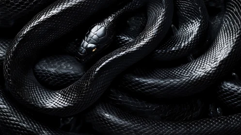 Gleaming black serpent coils in dense, shadowed knots.