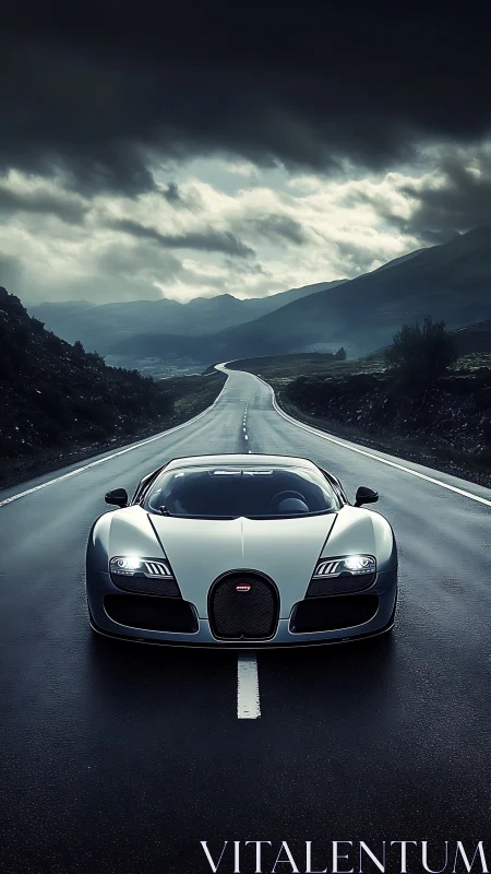 Supercar cuts wet mountain highway under storm sky.