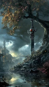 Ancient rune sword awaits beneath a storm-lit autumn tree