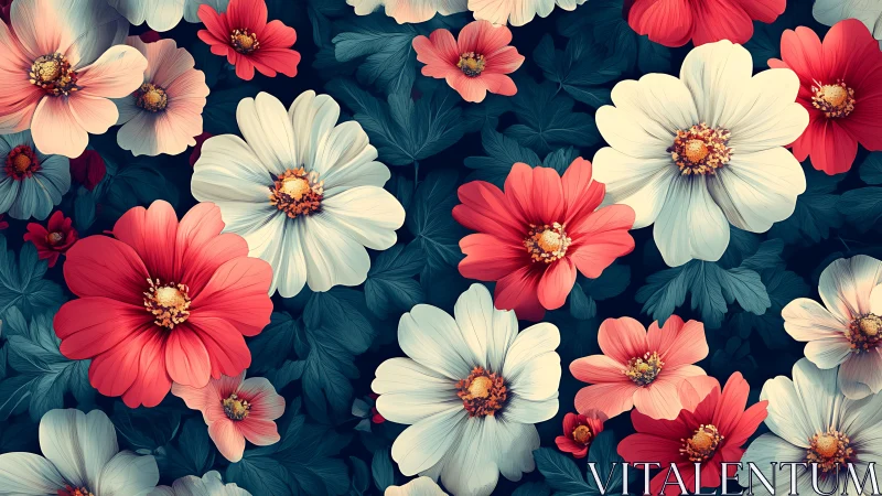 Vibrant Floral Garden Pattern with Red and White Cosmos Flowers
