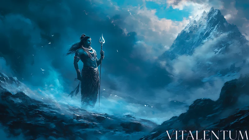 Divine figure with trident surveys misty Himalayan peak.