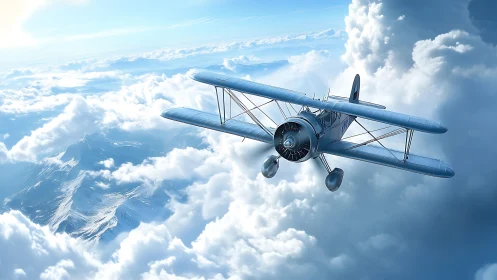 Vintage biplane rendered in high-altitude photorealistic clouds
