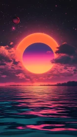 Radiant neon eclipse melts into a dreamy cosmic ocean horizon
