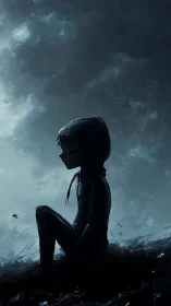 Hooded dreamer in stormlit dusk, listening to distant skies.