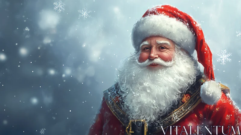 Smiling Santa Claus in softly falling winter snowstorm.