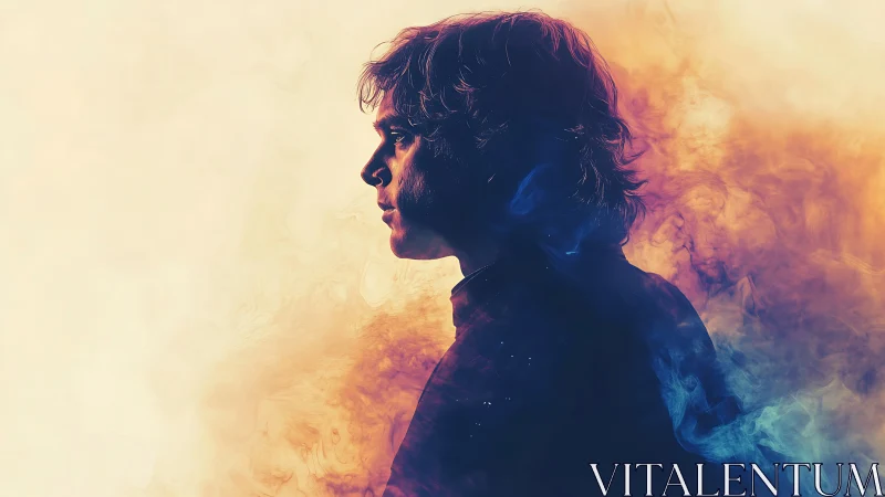 Silhouetted dreamer drifting through swirling twilight smoke.