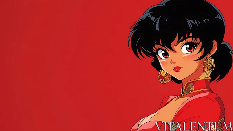 Confident anime heroine in red cheongsam on bold backdrop.