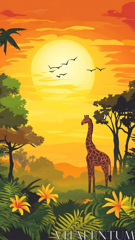 Giraffe standing in lush jungle under vivid sunset sky.