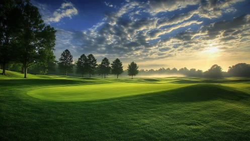Sunrise glow over peaceful, rolling golf course greens.