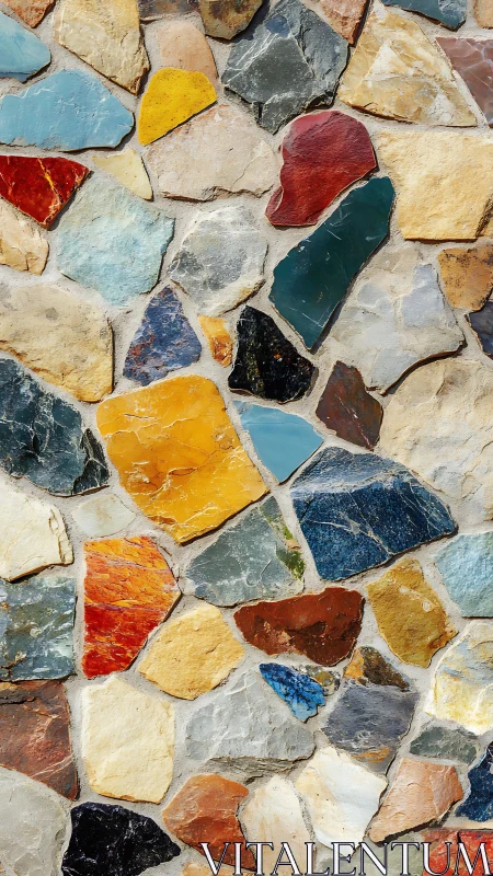 Colorful stone mosaic wall with playful, patchwork charm.