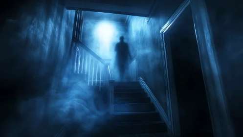 Spectral silhouette ascending mist-filled staircase in blue light