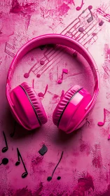 Glossy pink over-ear headphones on textured painted music surface