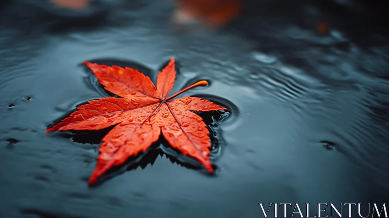 Red maple leaf with raindrops floating on dark water surface.
