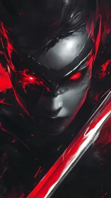 Monochrome humanoid face with red glowing eyes and blade.