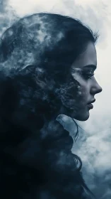 Side-profile portrait dissolving into swirling blue smoke veil