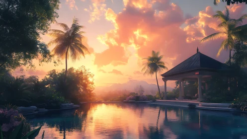Tropical infinity pool glows under a dreamy sunset sky.