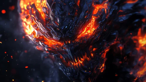 Molten lava demon face emerges from dark, charred textures