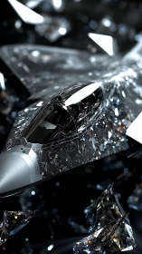 Crystal stealth jet gliding through shimmering stardust.