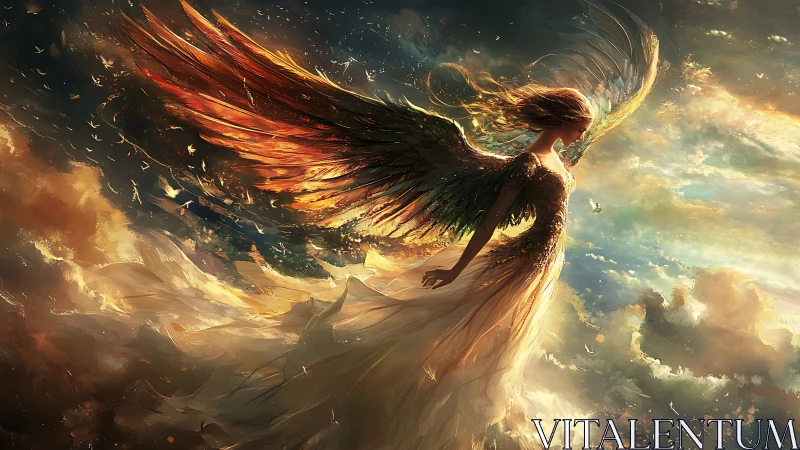 Winged female figure above clouds in directional lightscape.