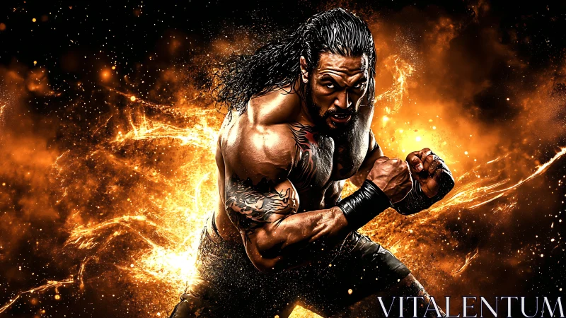 Molten fury fighter exploding from a storm of sparks.