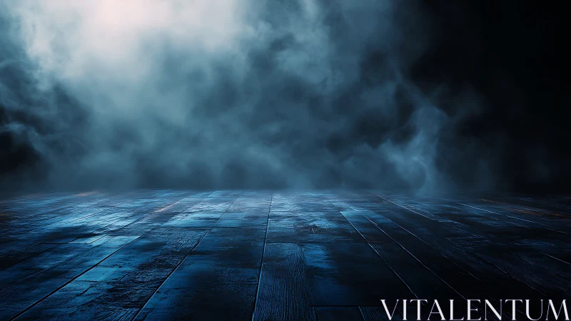 Moody blue wooden floor recedes into dense volumetric fog bank