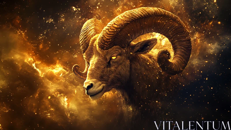 Celestial ram portrait glowing in golden cosmic nebula.