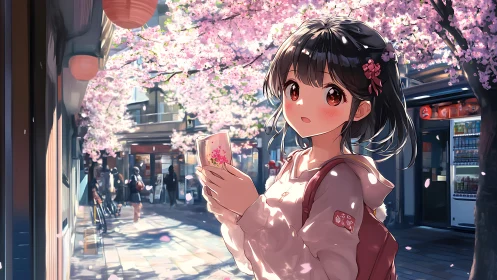 Springtime stroll with shy girl beneath soft cherry blossoms.