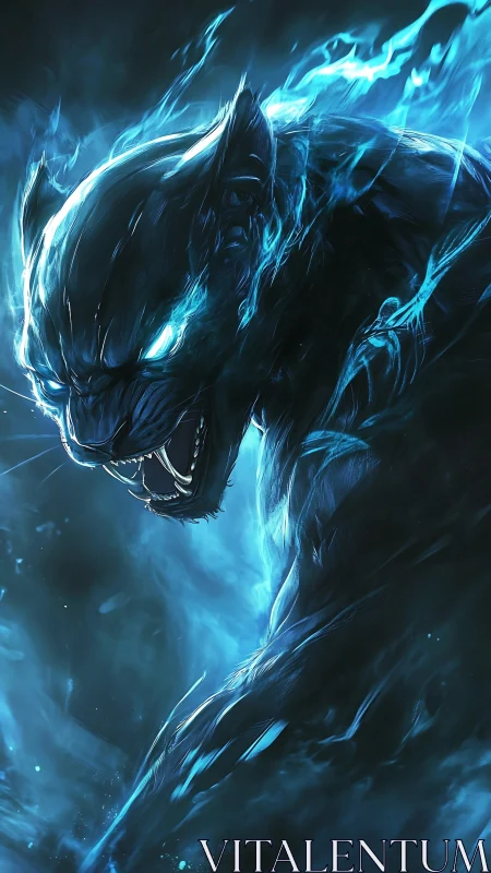 Spectral panther lunging through electric blue flames.