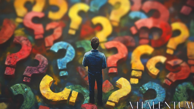 Colorful questions swirl around a thoughtful wanderer.